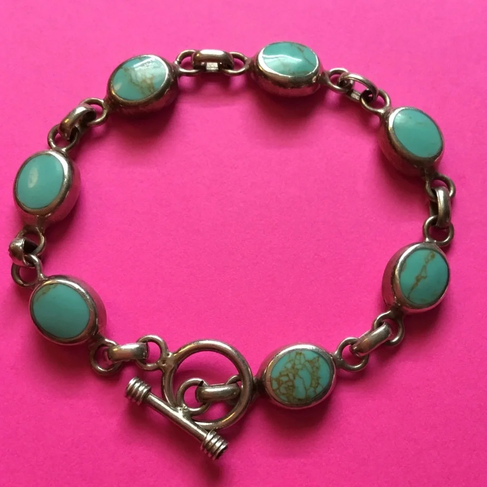 Vintage Turquoise Link Toggle Bracelet 925 Sterling Silver Mexico, 20grams 8”in